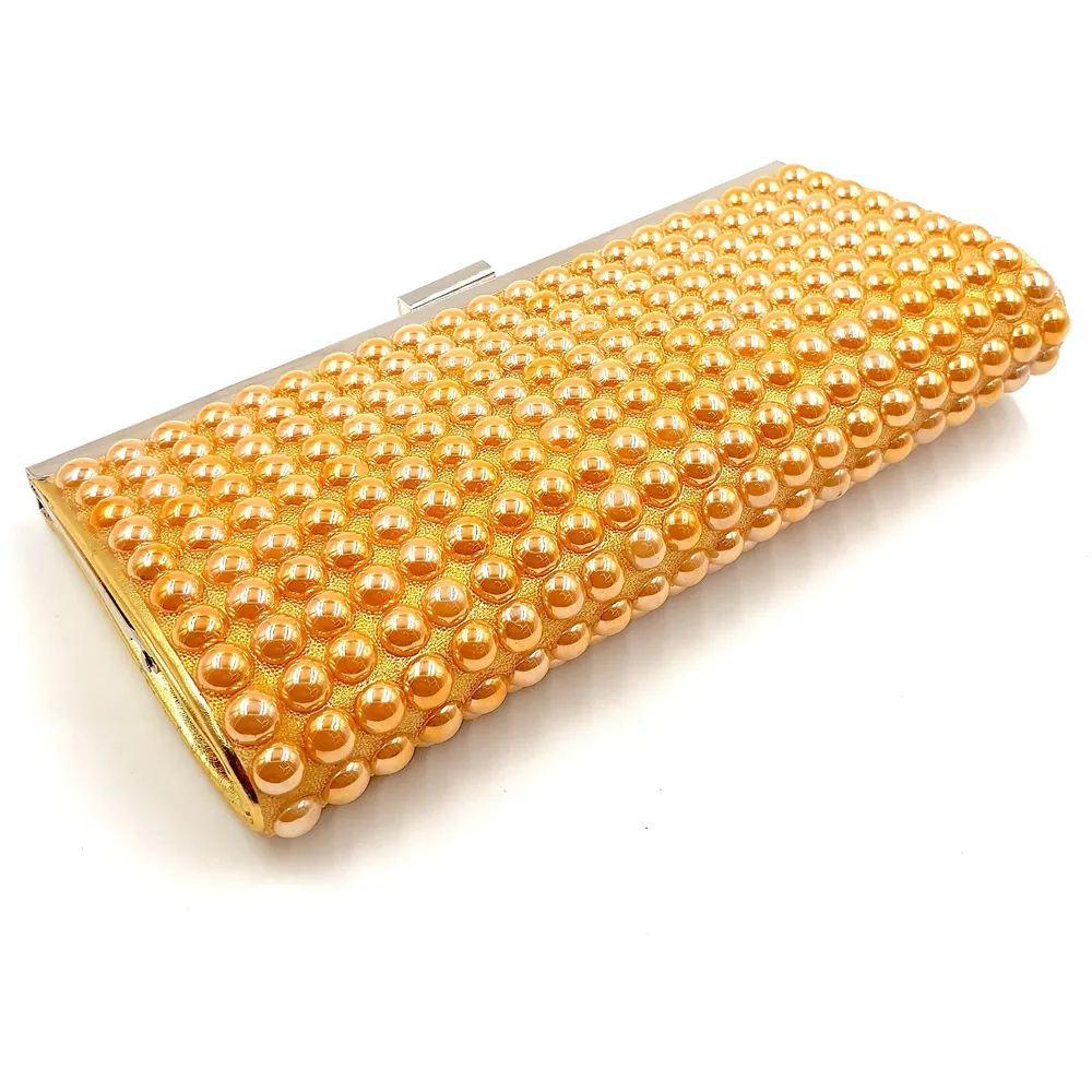 Gold Clutch Bag With Pearls Design
