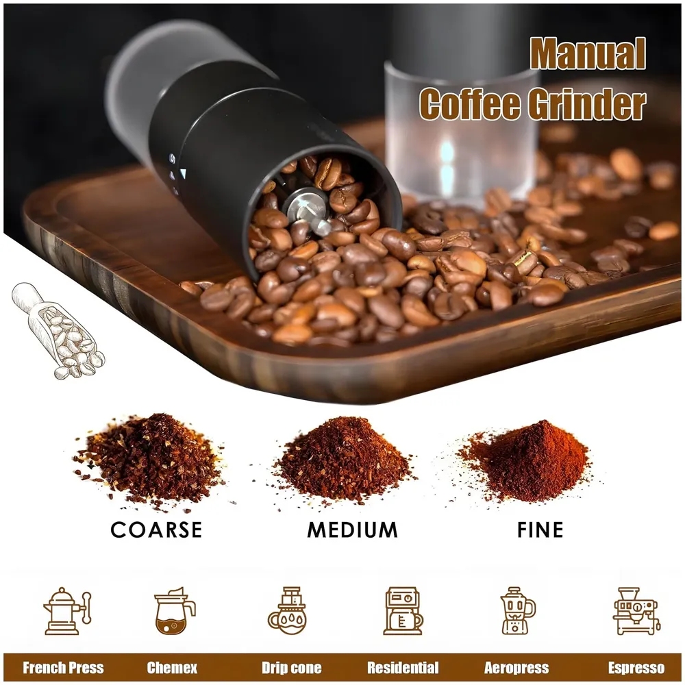Manual Steel Coffee Grinder, 5 Adjustable Grind Settings, for Espresso, Cold Brew, French Press & Drip Coffee, 5.08 x 5.08 x 16.51 cm