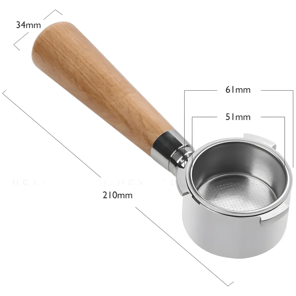 51 mm Coffee Portafilter Bottomless –Steel & Wood Handle, Compatible with Espresso Machines - Crema Enhancement & Precise Extraction - Coffee Extraction Accessories - 21cm x 5.1cm