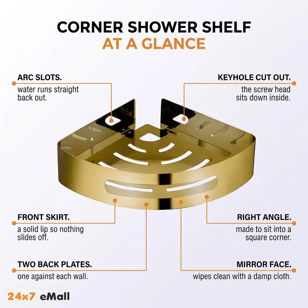 Gold Wall Mount Bathroom Corner Shelf Shower Caddy Wall Shelf Holder Anti Rust, Installation Kit Included Golden Colour 1 PC