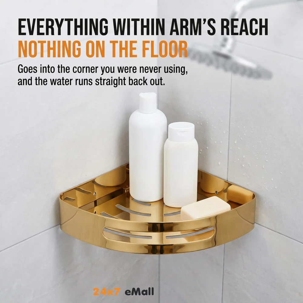 Gold Wall Mount Bathroom Corner Shelf Shower Caddy Wall Shelf Holder Anti Rust, Installation Kit Included Golden Colour 1 PC