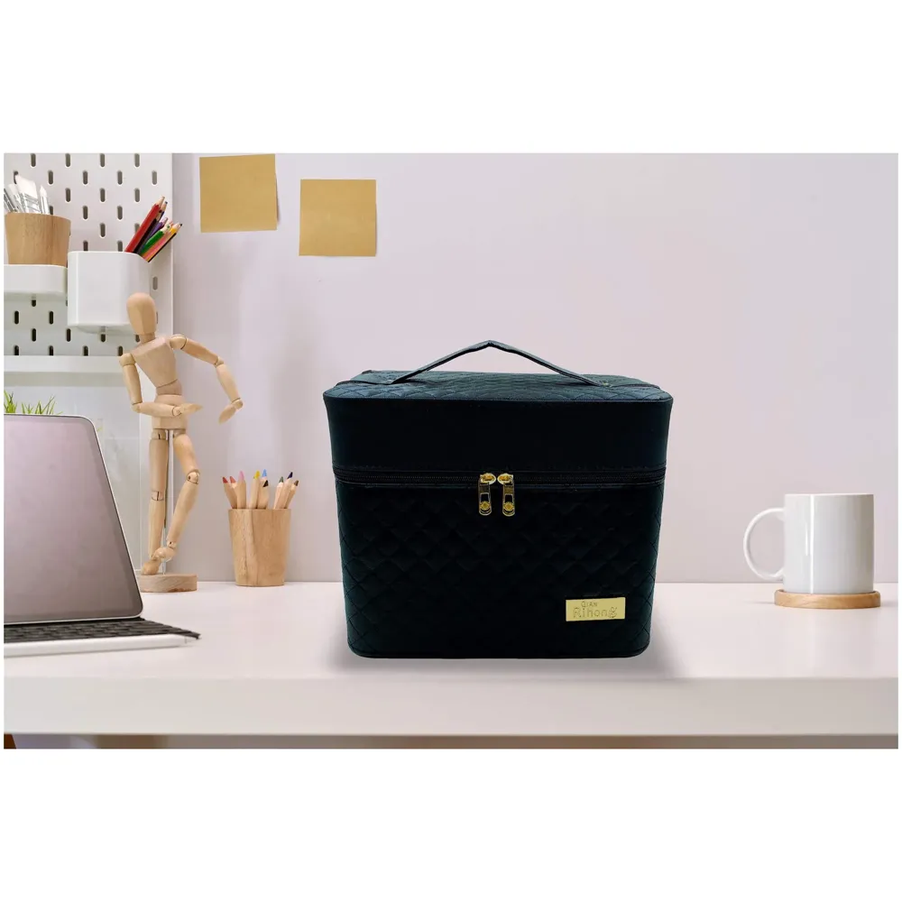 Women's Fabric Professional Beauty Make Up Nail Cosmetic Box Vanity Case 28 X 23 X 19cm (Black)