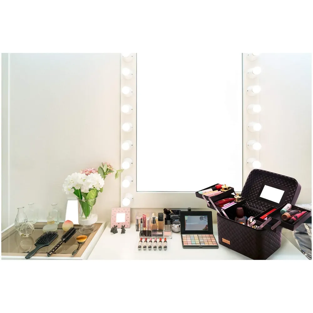 Women's Fabric Professional Beauty Make Up Nail Cosmetic Box Vanity Case 28 X 23 X 19cm (Black)