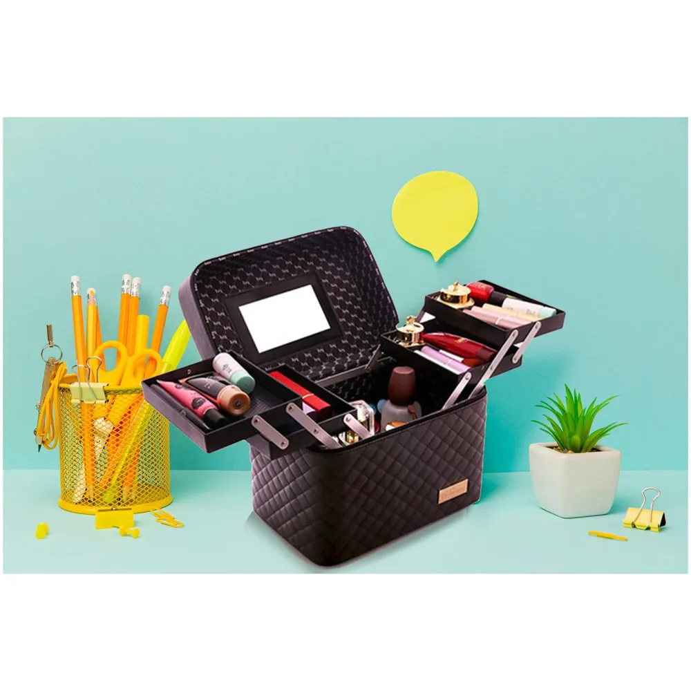 Women's Fabric Professional Beauty Make Up Nail Cosmetic Box Vanity Case 28 X 23 X 19cm (Black)