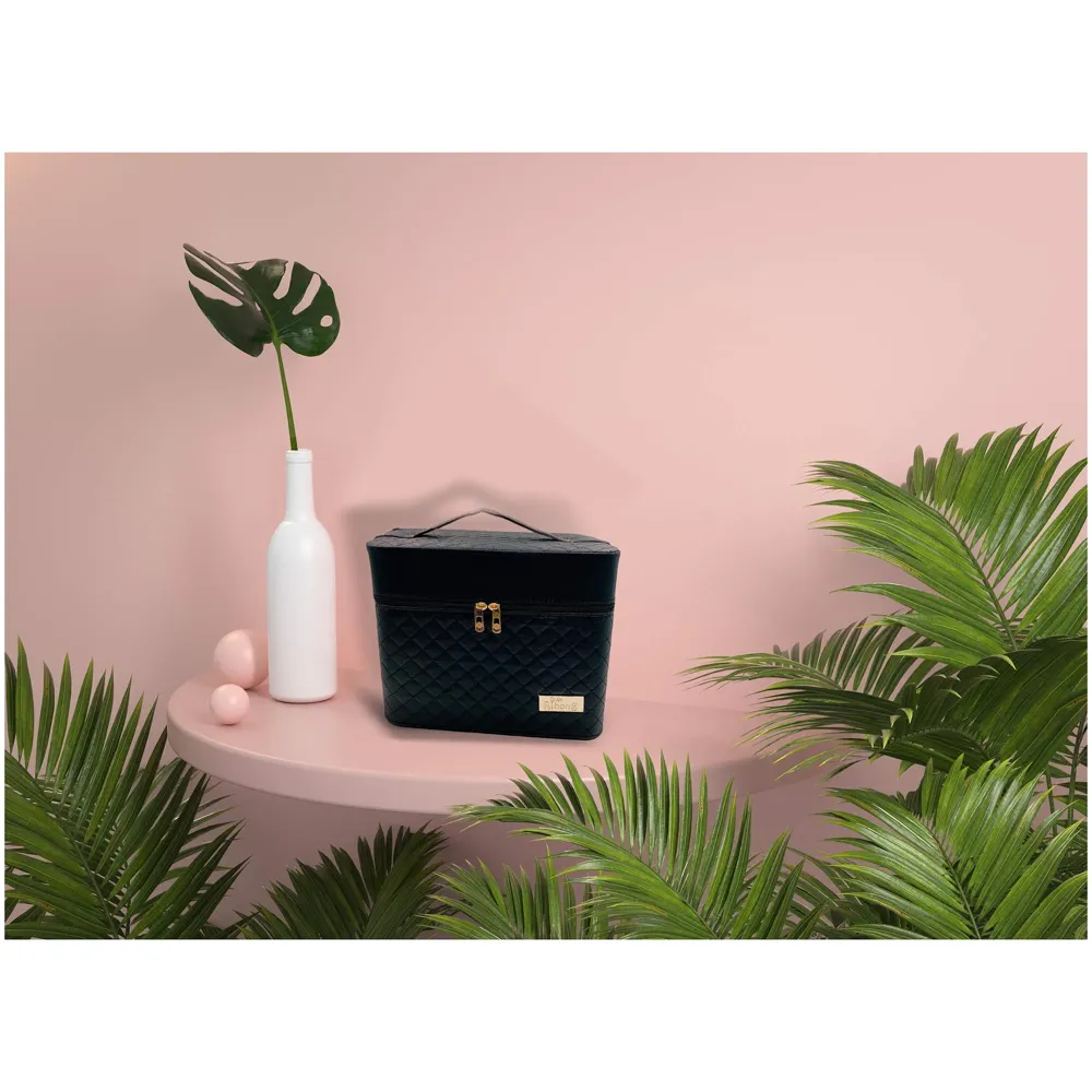 Women's Fabric Professional Beauty Make Up Nail Cosmetic Box Vanity Case 28 X 23 X 19cm (Black)