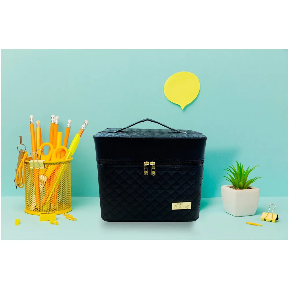 Women's Fabric Professional Beauty Make Up Nail Cosmetic Box Vanity Case 28 X 23 X 19cm (Black)