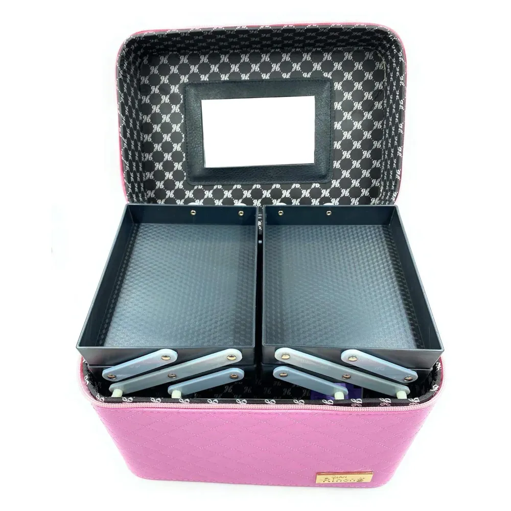 Women's Fabric Professional Beauty Make Up Nail Cosmetic Box Vanity Case 28 X 23 X 19cm (Pink)