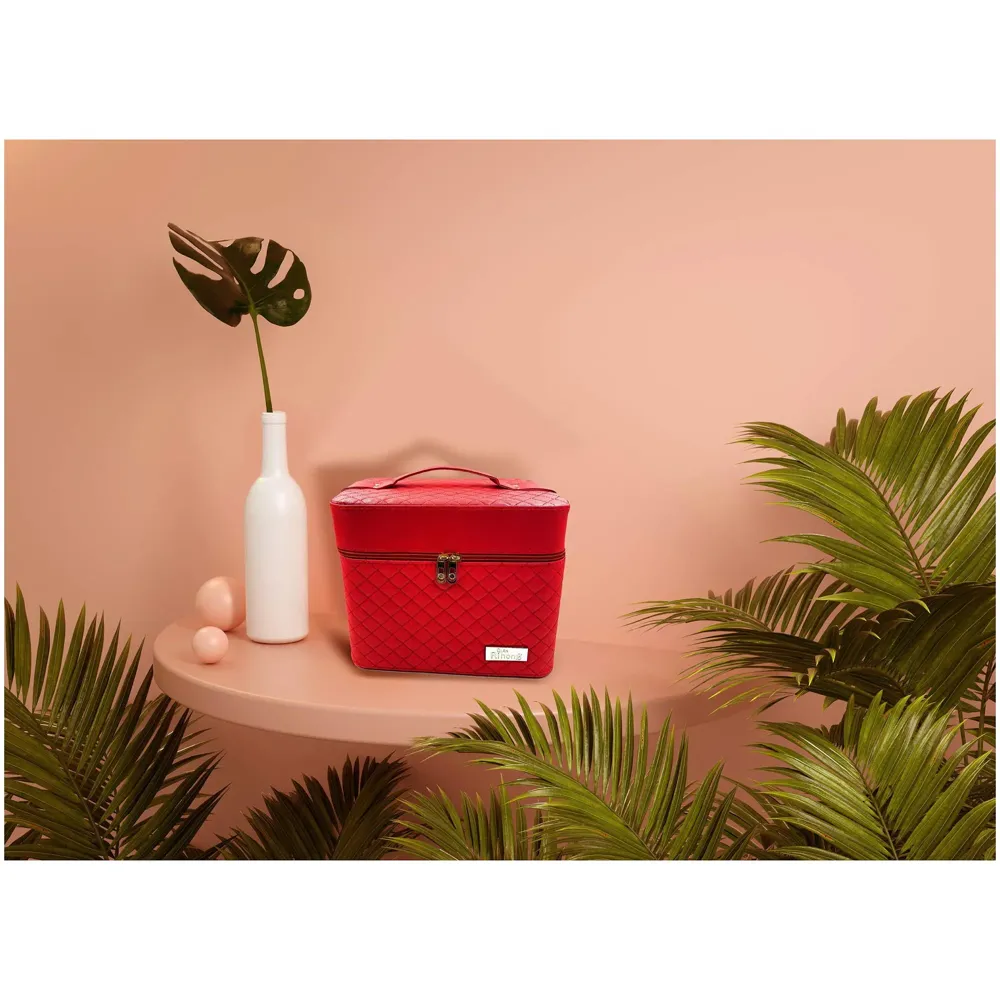 Women's Fabric Professional Beauty Make Up Nail Cosmetic Box Vanity Case 28 X 23 X 19cm (Red)
