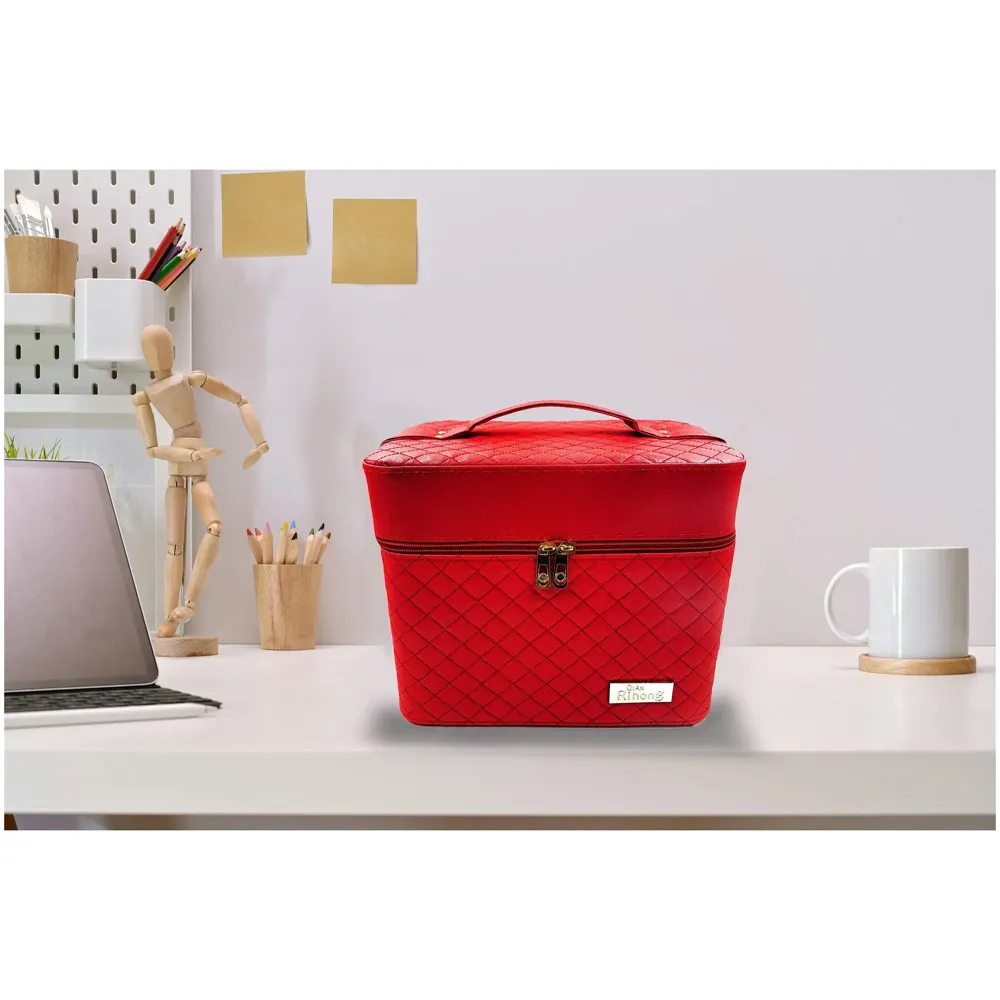 Women's Fabric Professional Beauty Make Up Nail Cosmetic Box Vanity Case 28 X 23 X 19cm (Red)