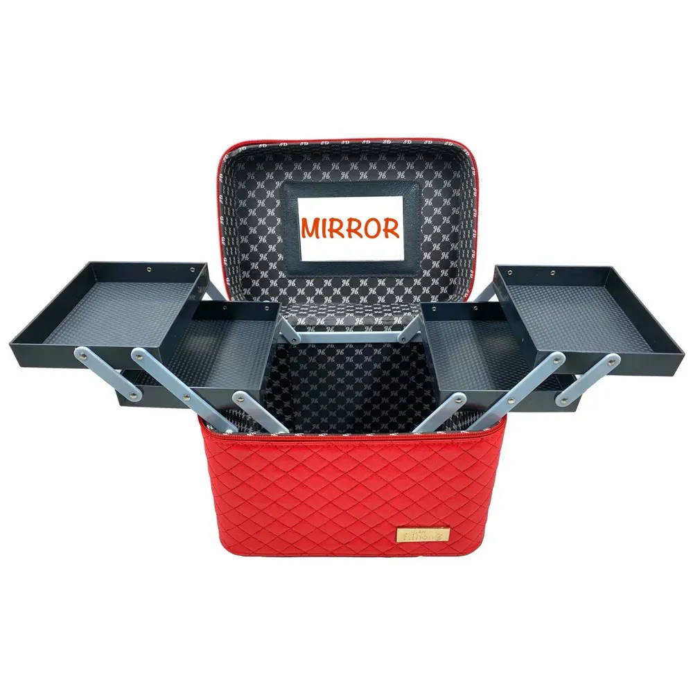 Women's Fabric Professional Beauty Make Up Nail Cosmetic Box Vanity Case 28 X 23 X 19cm (Red)