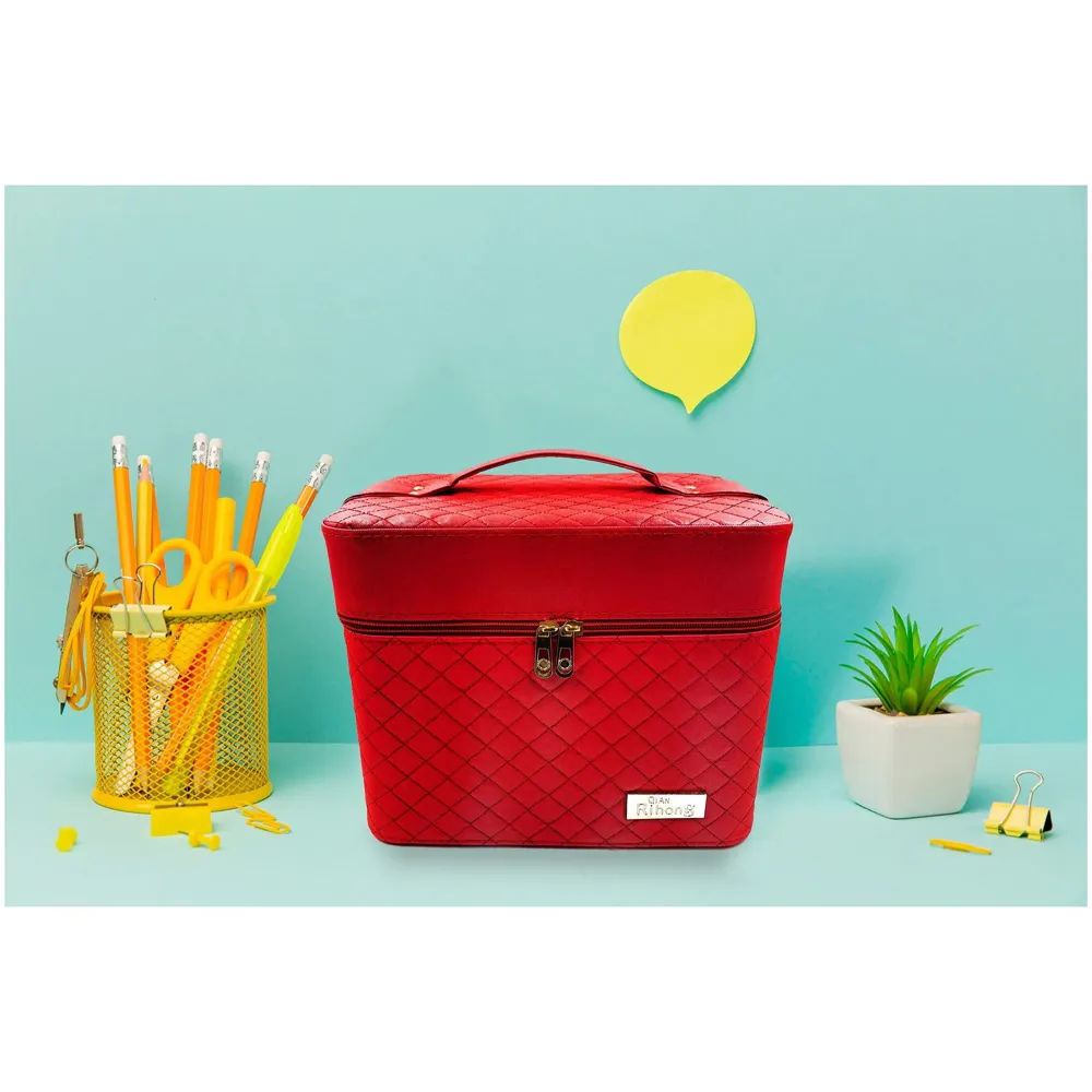 Women's Fabric Professional Beauty Make Up Nail Cosmetic Box Vanity Case 28 X 23 X 19cm (Red)