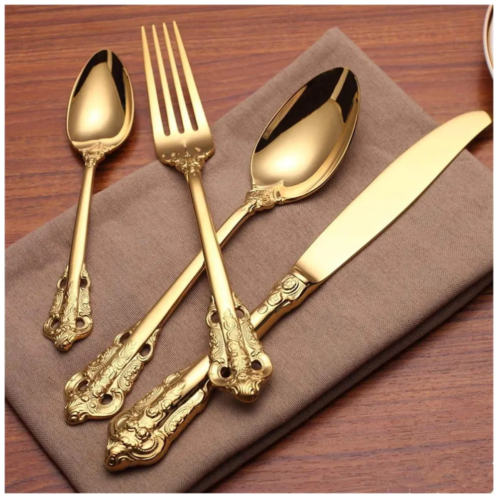 Golden Royal Cutlery 4 Pc Set, 18/10 Stainless Steel, Dishwasher Safe. Gold Cutlery Royal Gold Set Dinner Guest