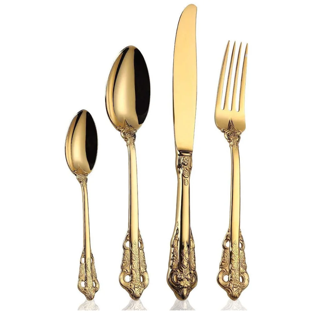 Golden Royal Cutlery 4 Pc Set, 18/10 Stainless Steel, Dishwasher Safe. Gold Cutlery (Gold)