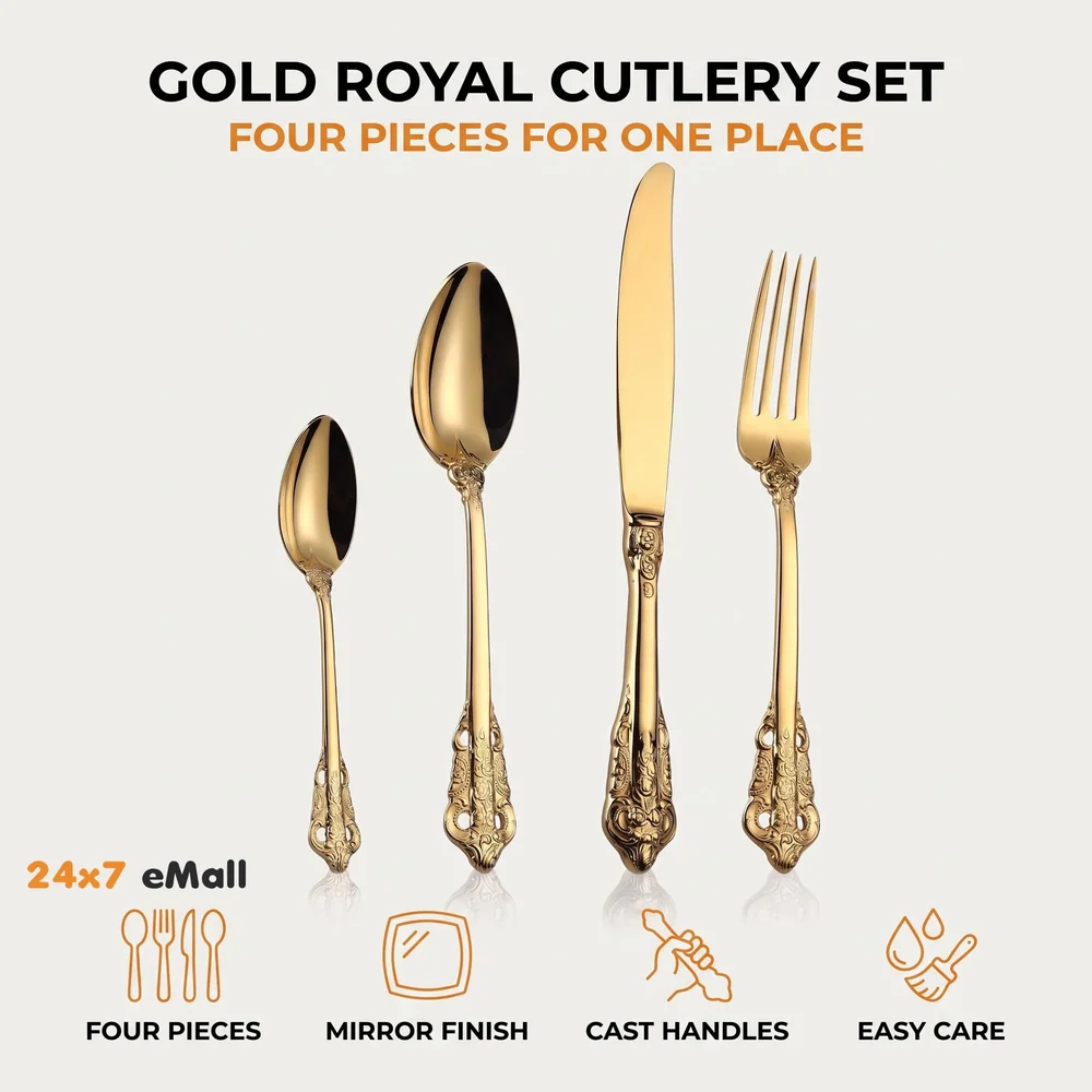 Golden Royal Cutlery 4 Pc Set, 18/10 Stainless Steel, Dishwasher Safe. Gold Cutlery (Gold)