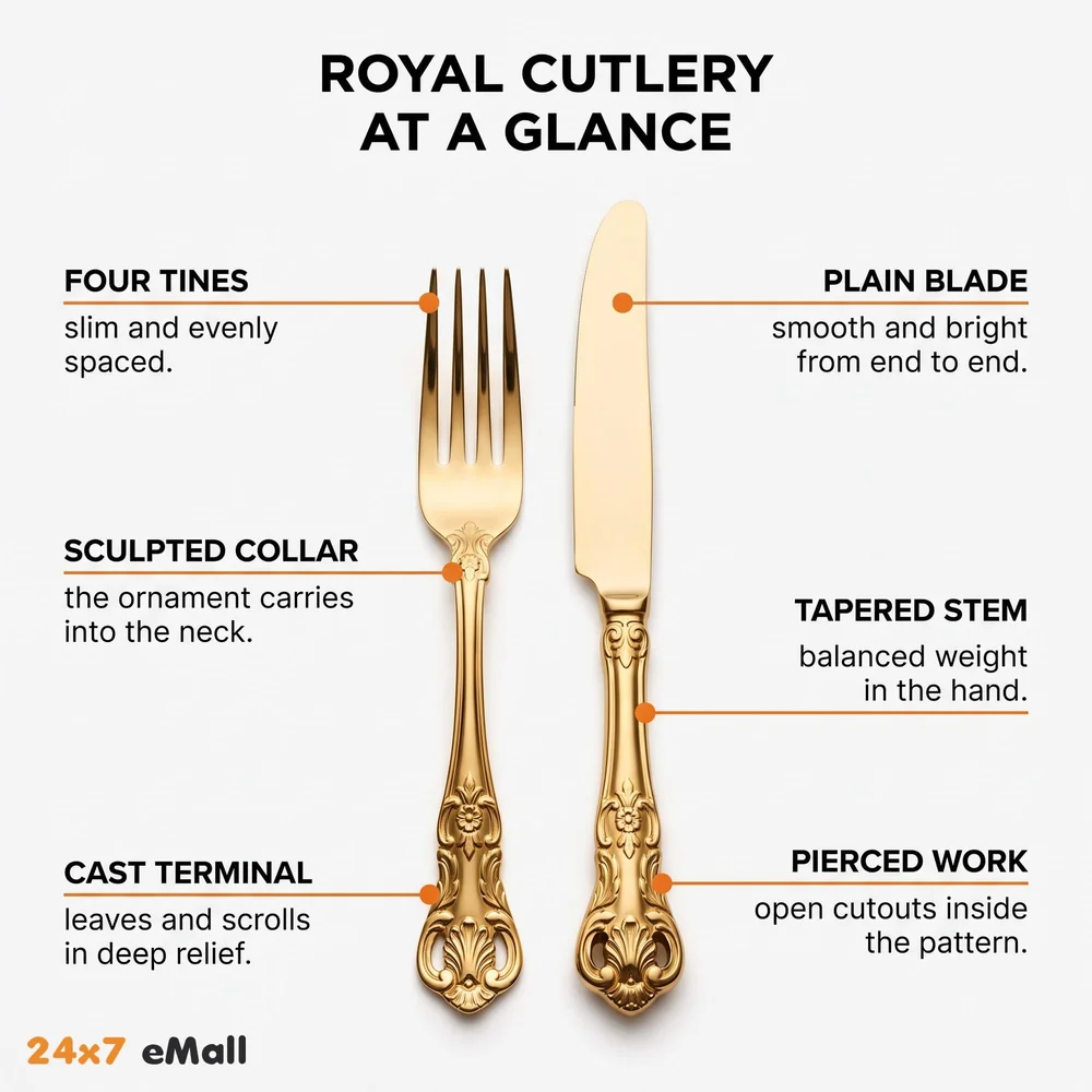 Golden Royal Cutlery 4 Pc Set, 18/10 Stainless Steel, Dishwasher Safe. Gold Cutlery (Gold)