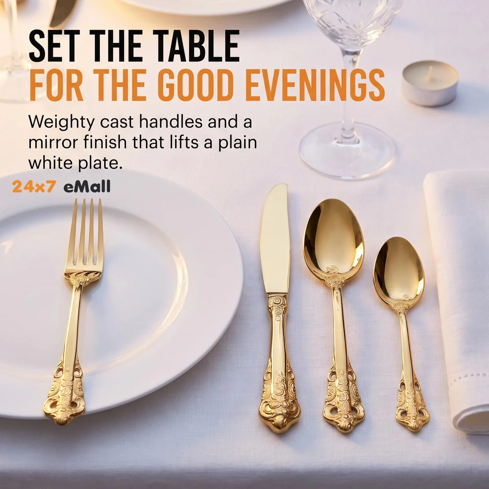 Golden Royal Cutlery 4 Pc Set, 18/10 Stainless Steel, Dishwasher Safe. Gold Cutlery (Gold)