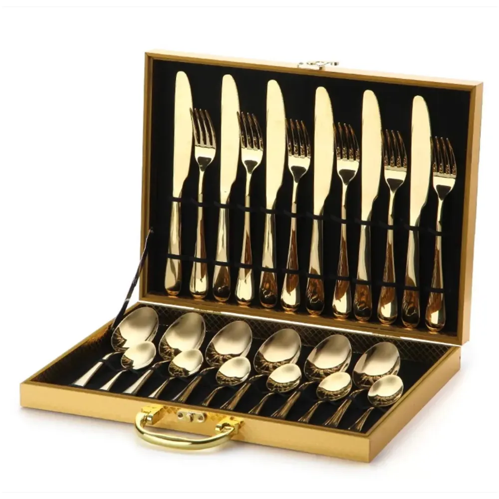 Cutlery Set, 24 Pc Set with Box Modern Pieces Gold Stainless Steel Flatware for Daily Use, Party, Restaurants (24 Pc with Box)