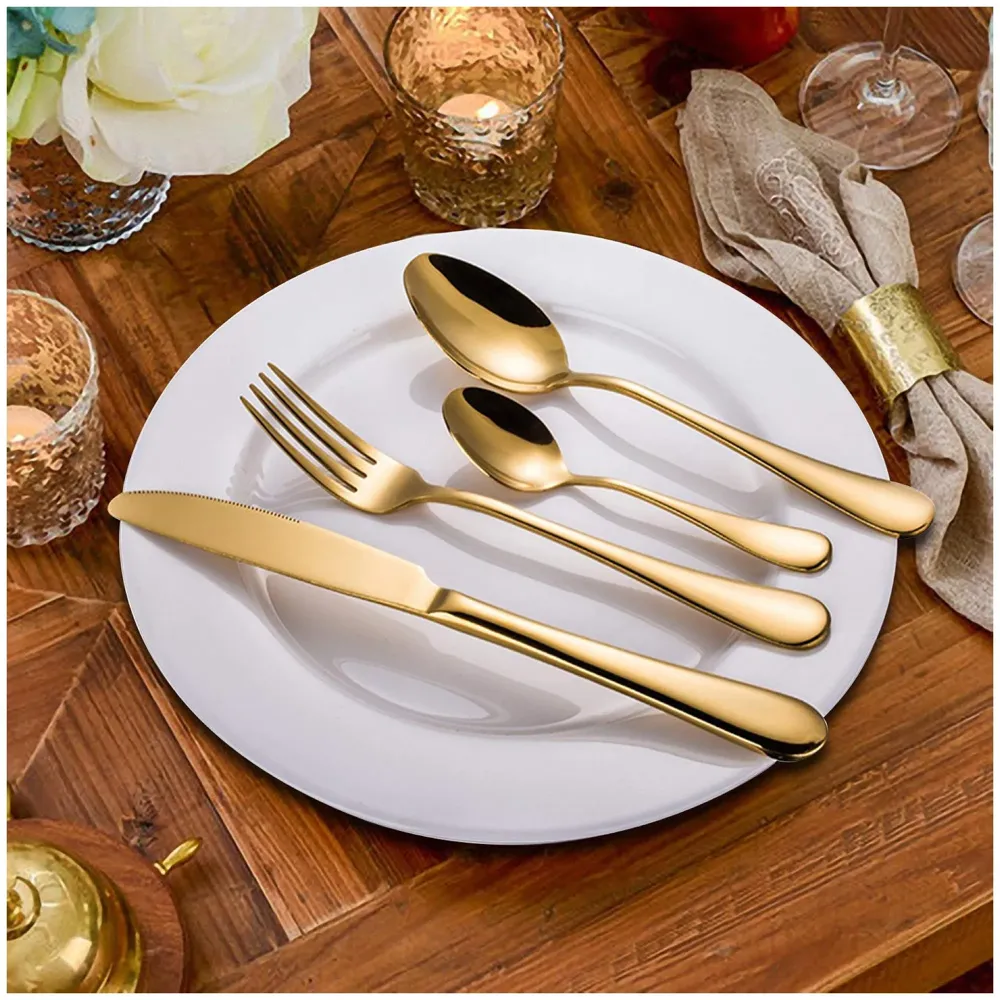 Cutlery Set, 24 Pc Set with Box Modern Pieces Gold Stainless Steel Flatware for Daily Use, Party, Restaurants (24 Pc with Box)