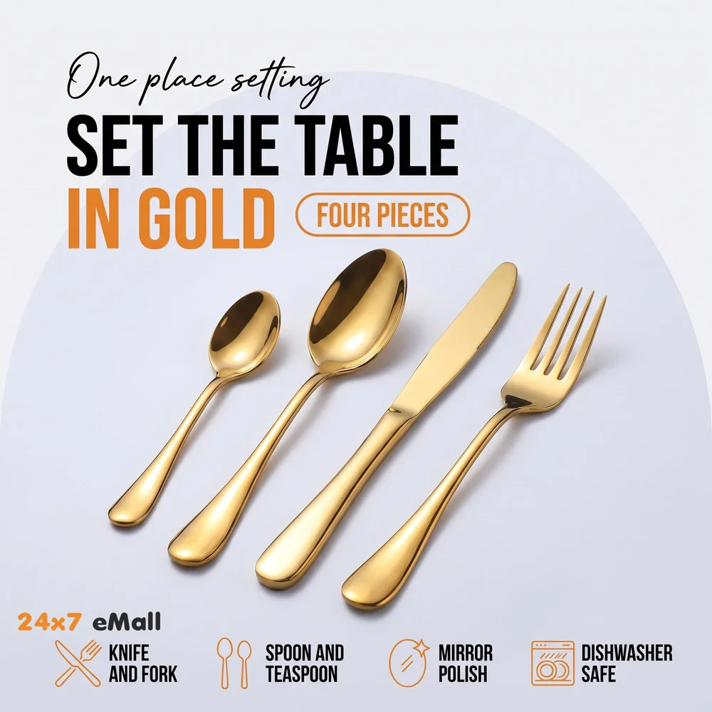 Cutlery Set, 4 Pcs Modern Pieces Gold Stainless Steel Flatware for Daily Use, Party, Restaurants (4 Pc)