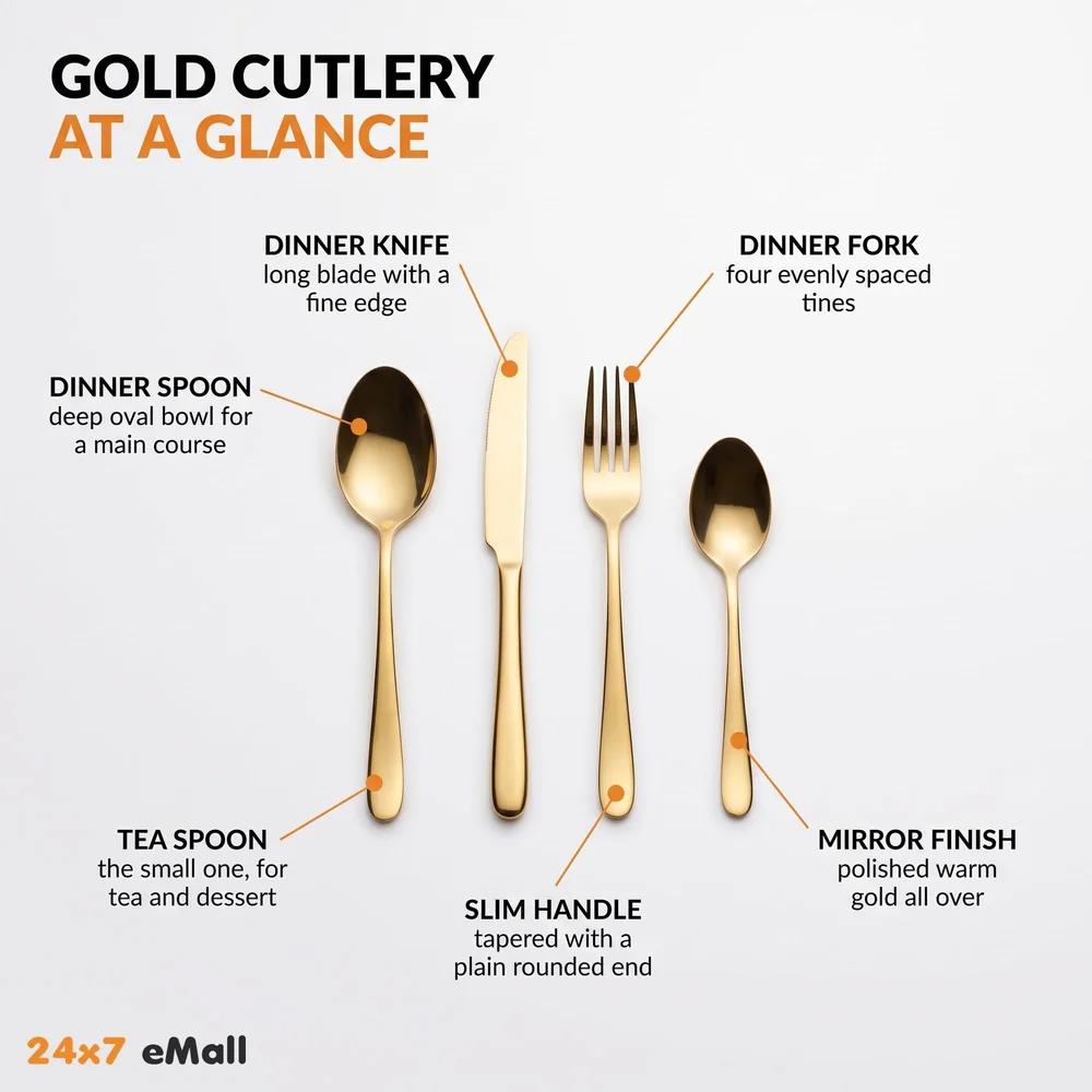 Cutlery Set, 4 Pcs Modern Pieces Gold Stainless Steel Flatware for Daily Use, Party, Restaurants (4 Pc)