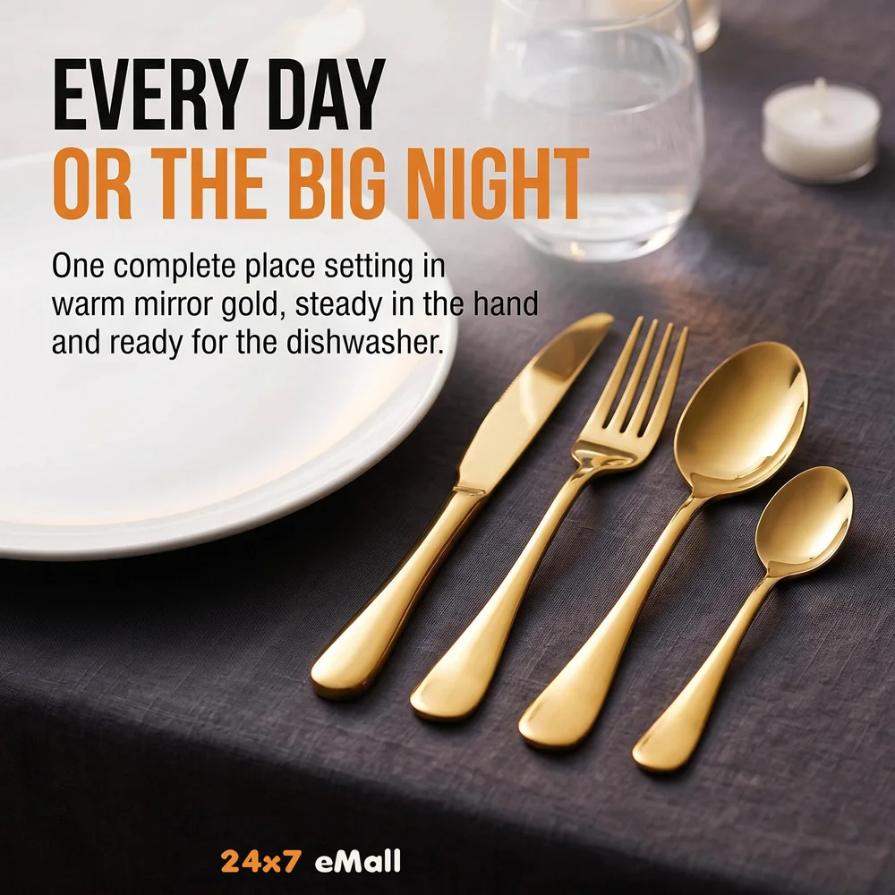 Cutlery Set, 4 Pcs Modern Pieces Gold Stainless Steel Flatware for Daily Use, Party, Restaurants (4 Pc)