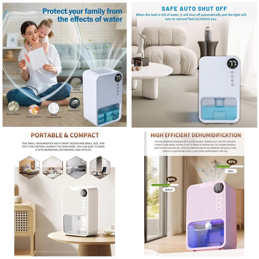 Dehumidifier Electric 1100 ml Tank LCD Small Rooms Office White