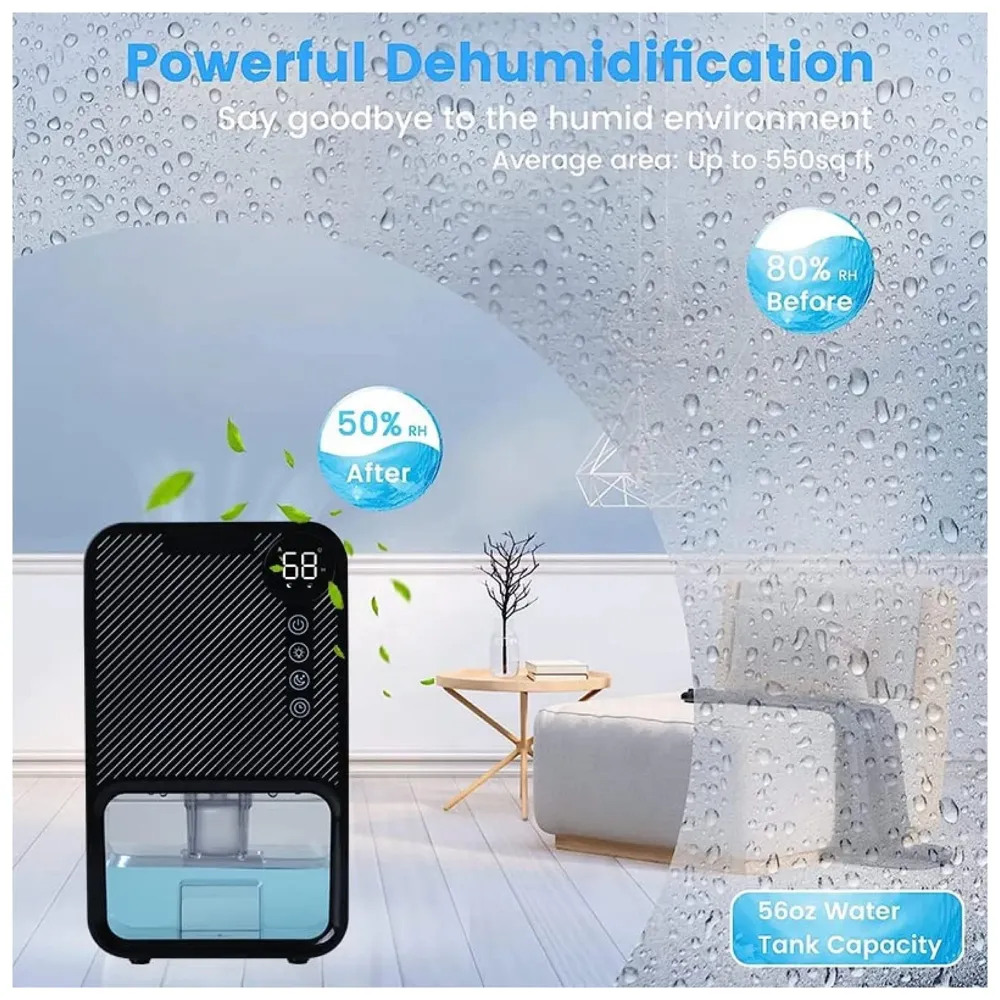 Electric Dehumidifier For Rooms And Offices, 1100ML Tank With LCD Display And 7 Ambient Lights, Auto Shut Off Dehumidifier Black - 22.5cm x 15cm x 11cm