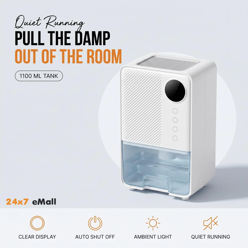 Electric Dehumidifier For Small Rooms And Offices, 1100ML Tank With LCD Display And 7 Ambient Lights, Auto Shut Off Dehumidifier White - 22.5cm x 15cm x 11cm