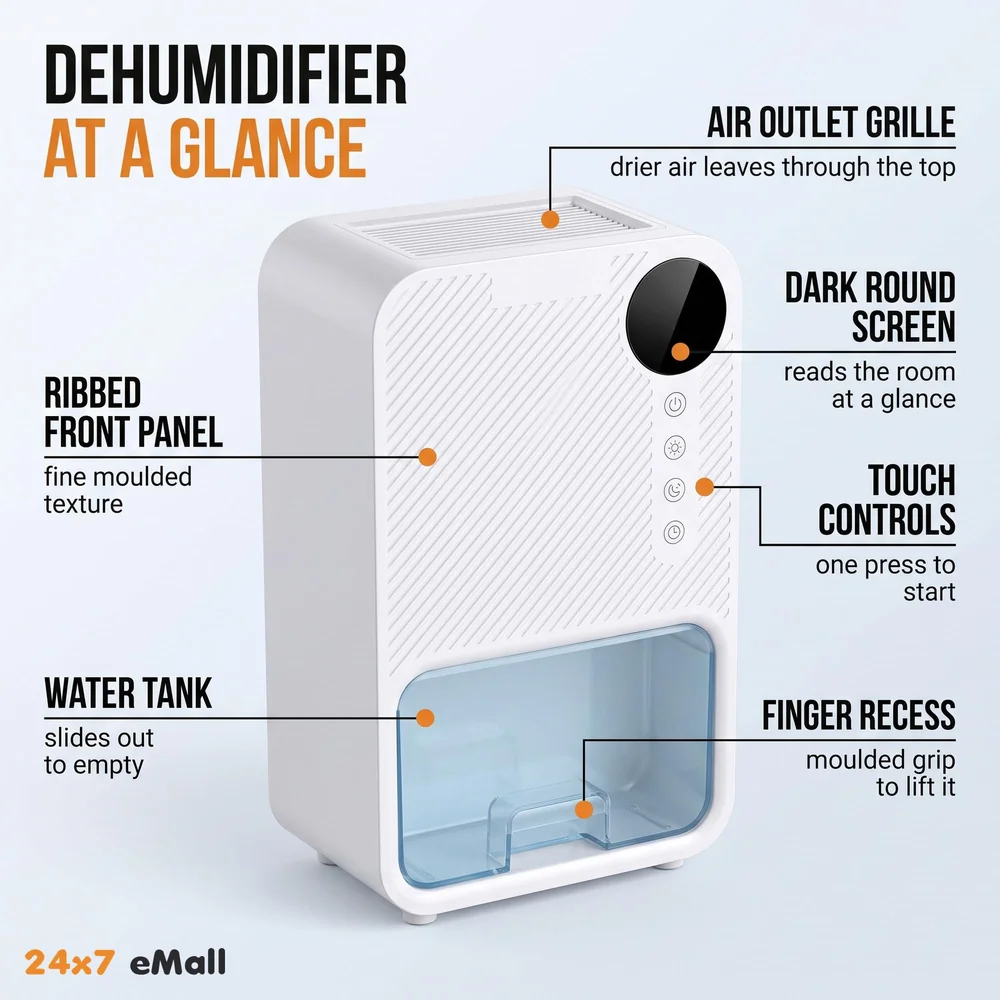 Electric Dehumidifier For Small Rooms And Offices, 1100ML Tank With LCD Display And 7 Ambient Lights, Auto Shut Off Dehumidifier White - 22.5cm x 15cm x 11cm