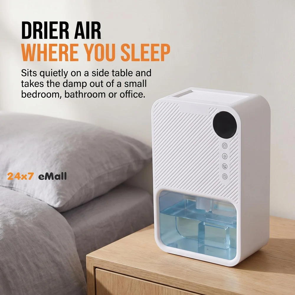 Electric Dehumidifier For Small Rooms And Offices, 1100ML Tank With LCD Display And 7 Ambient Lights, Auto Shut Off Dehumidifier White - 22.5cm x 15cm x 11cm