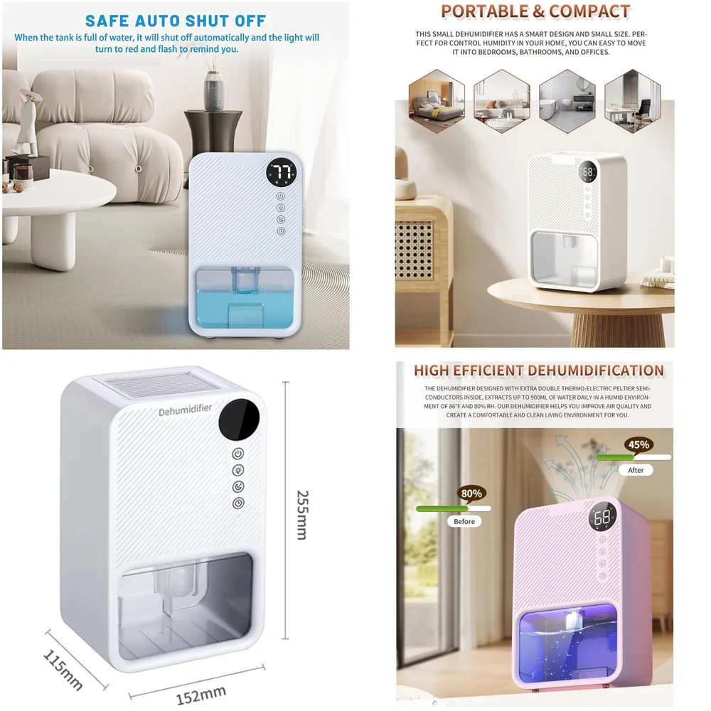 Electric Dehumidifier For Small Rooms And Offices, 1100ML Tank With LCD Display And 7 Ambient Lights, Auto Shut Off Dehumidifier White - 22.5cm x 15cm x 11cm