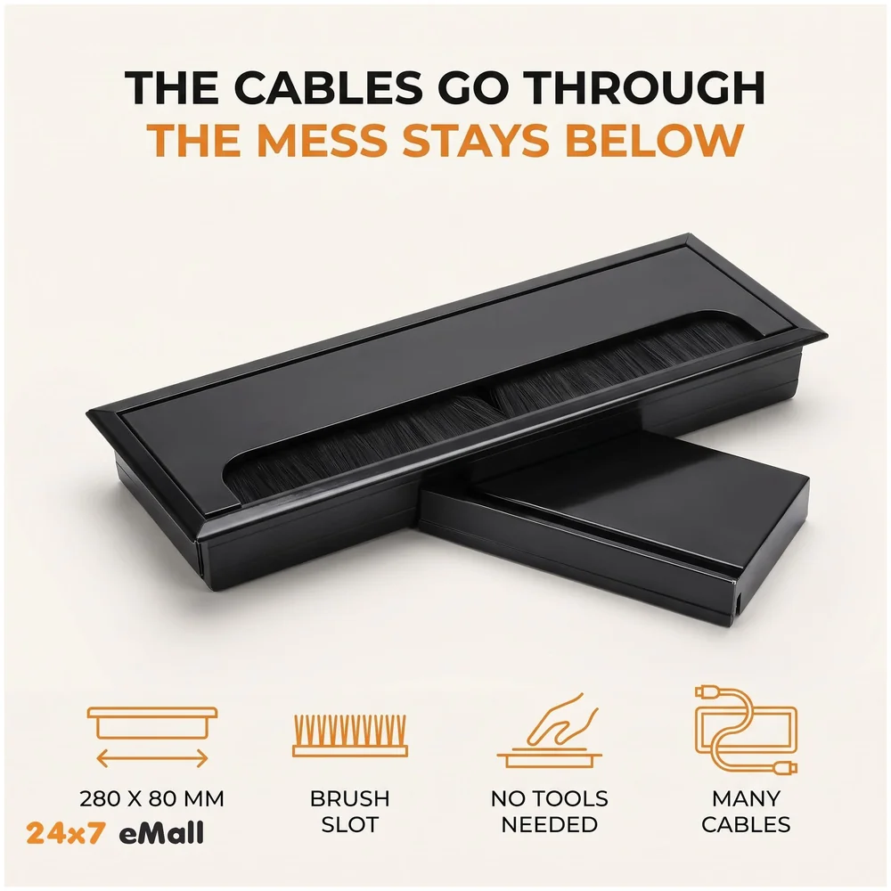 Desk Cable Hole Cover 28 cm Aluminium 280 x 80 mm Black Office Premium