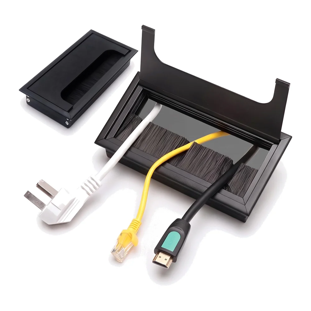 Office Desk Wire Cable Hole Cover Aluminum with Dust Proof Brushes for Computers Work Rectangular Metal Organizer Stylish Desk Accessory Wire Manager Concealed System. 160 mm x 80 mm Black