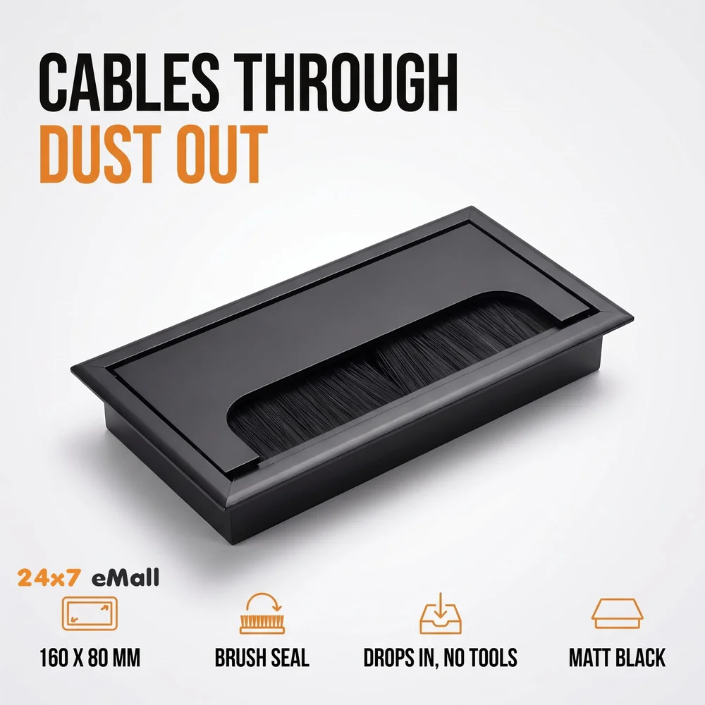 Office Desk Wire Cable Hole Cover Aluminum with Dust Proof Brushes for Computers Work Rectangular Metal Organizer Stylish Desk Accessory Wire Manager Concealed System. 160 mm x 80 mm Black