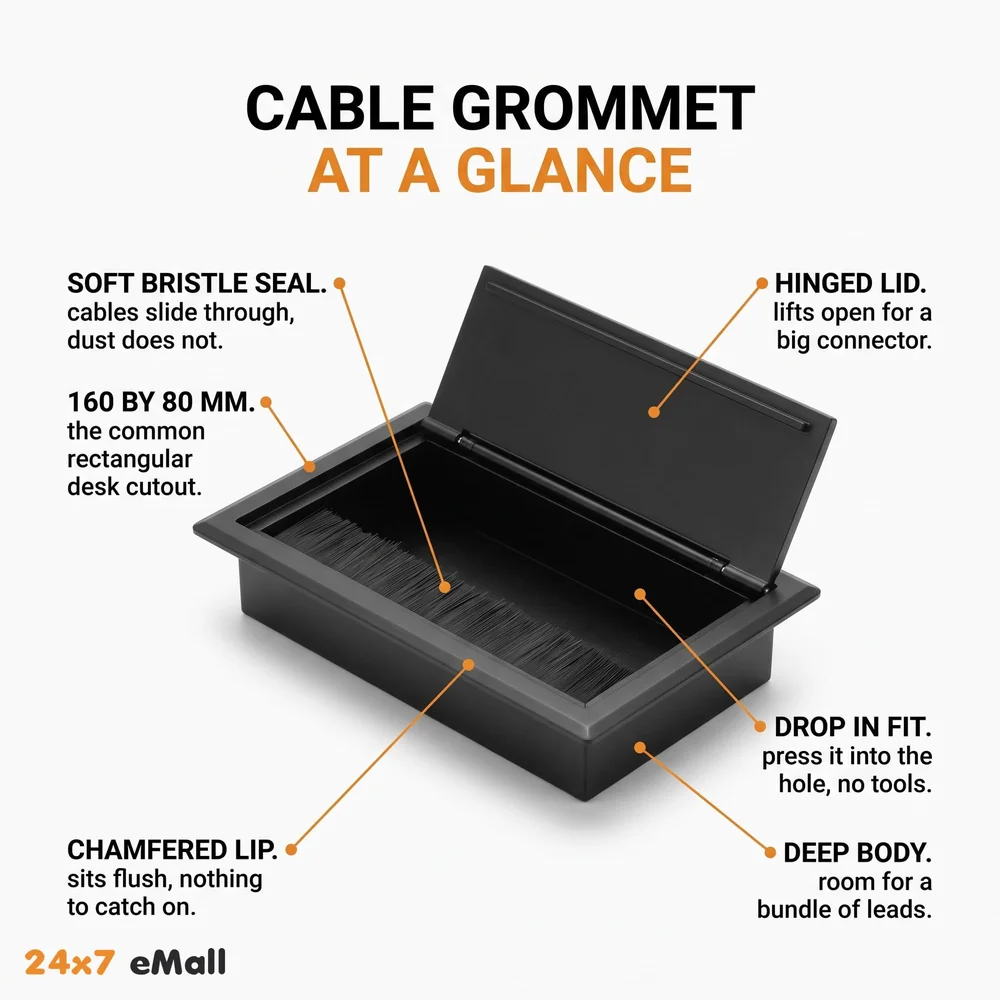 Office Desk Wire Cable Hole Cover Aluminum with Dust Proof Brushes for Computers Work Rectangular Metal Organizer Stylish Desk Accessory Wire Manager Concealed System. 160 mm x 80 mm Black