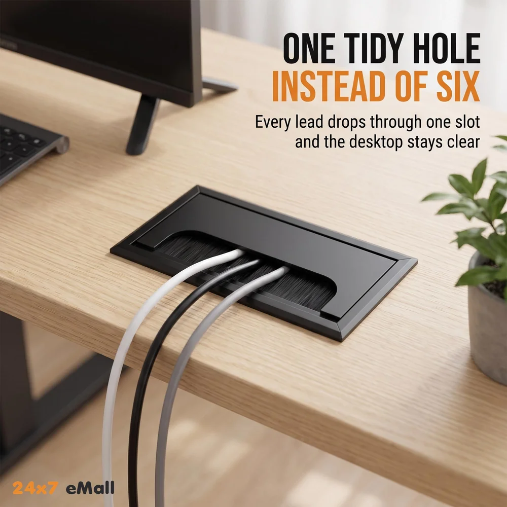 Office Desk Wire Cable Hole Cover Aluminum with Dust Proof Brushes for Computers Work Rectangular Metal Organizer Stylish Desk Accessory Wire Manager Concealed System. 160 mm x 80 mm Black