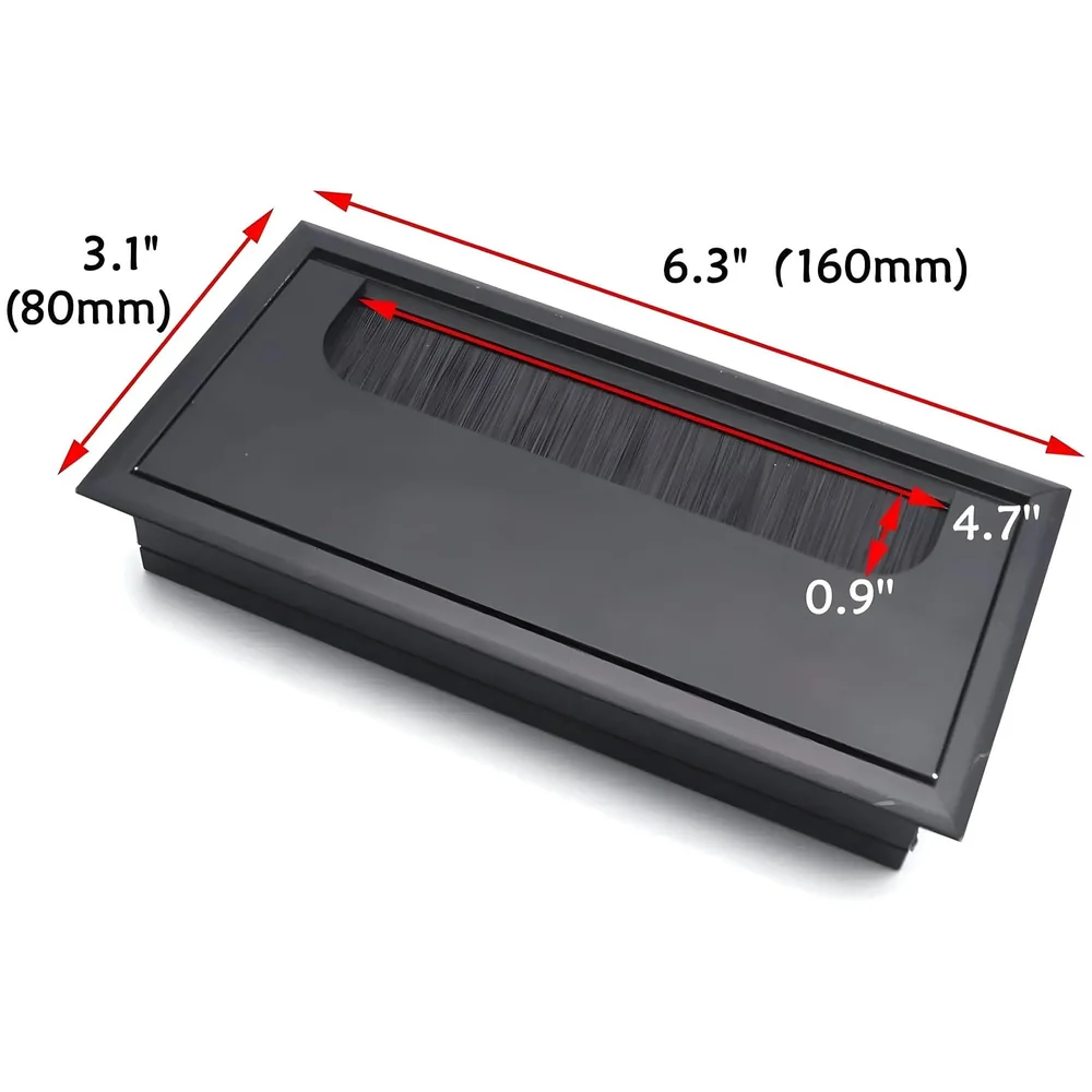 Office Desk Wire Cable Hole Cover Aluminum with Dust Proof Brushes for Computers Work Rectangular Metal Organizer Stylish Desk Accessory Wire Manager Concealed System. 160 mm x 80 mm Black
