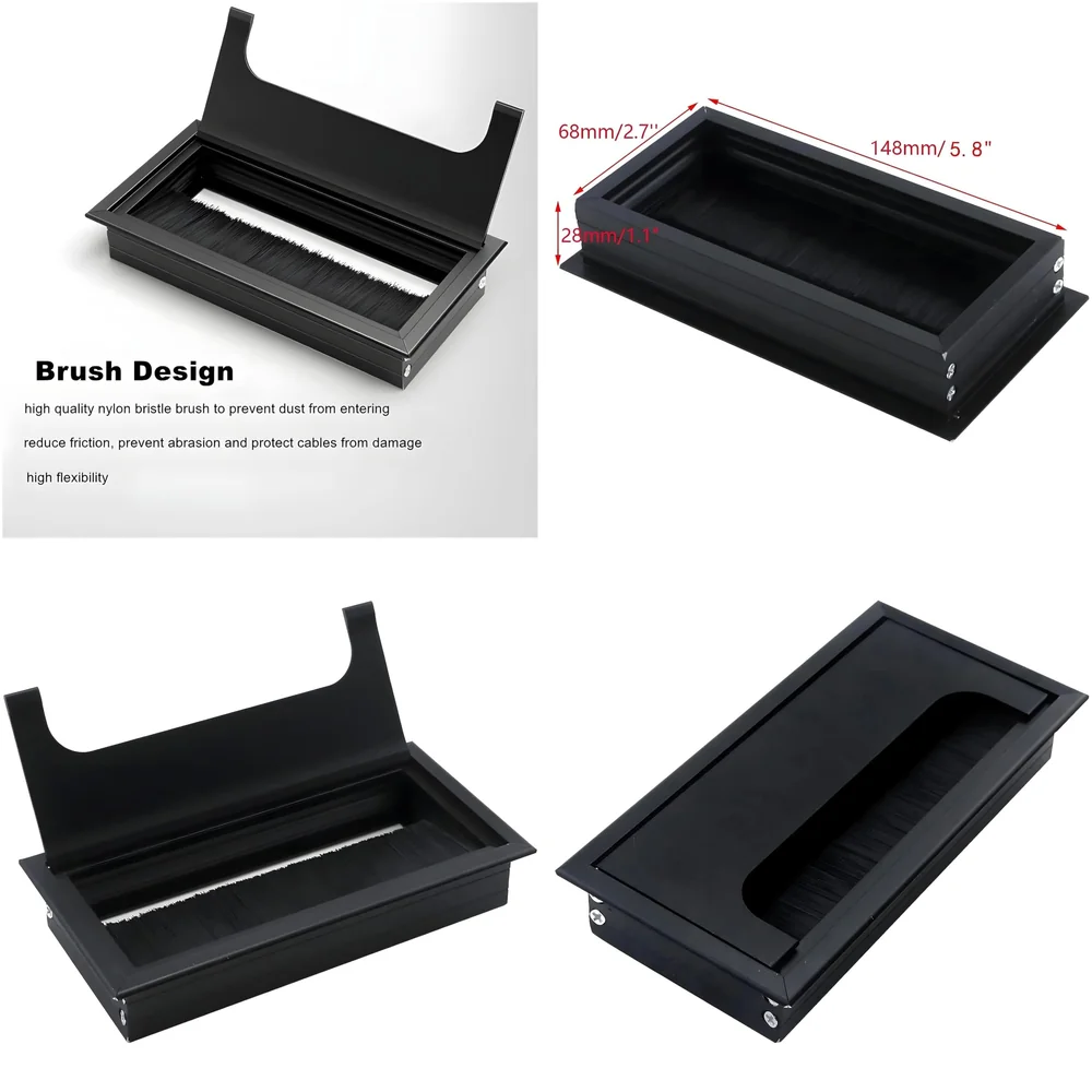 Office Desk Wire Cable Hole Cover Aluminum with Dust Proof Brushes for Computers Work Rectangular Metal Organizer Stylish Desk Accessory Wire Manager Concealed System. 160 mm x 80 mm Black