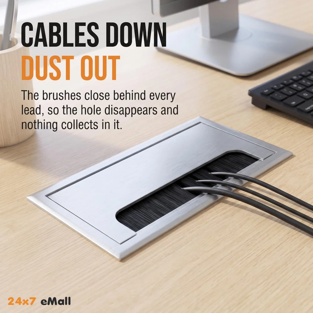 Office Desk Wire Cable Hole Cover Aluminum With Dust Proof Brushes For Computers Work Rectangular Metal Organizer Stylish Desk Accessory Wire Manager Concealed System. 160 mm x 80 mm Silver