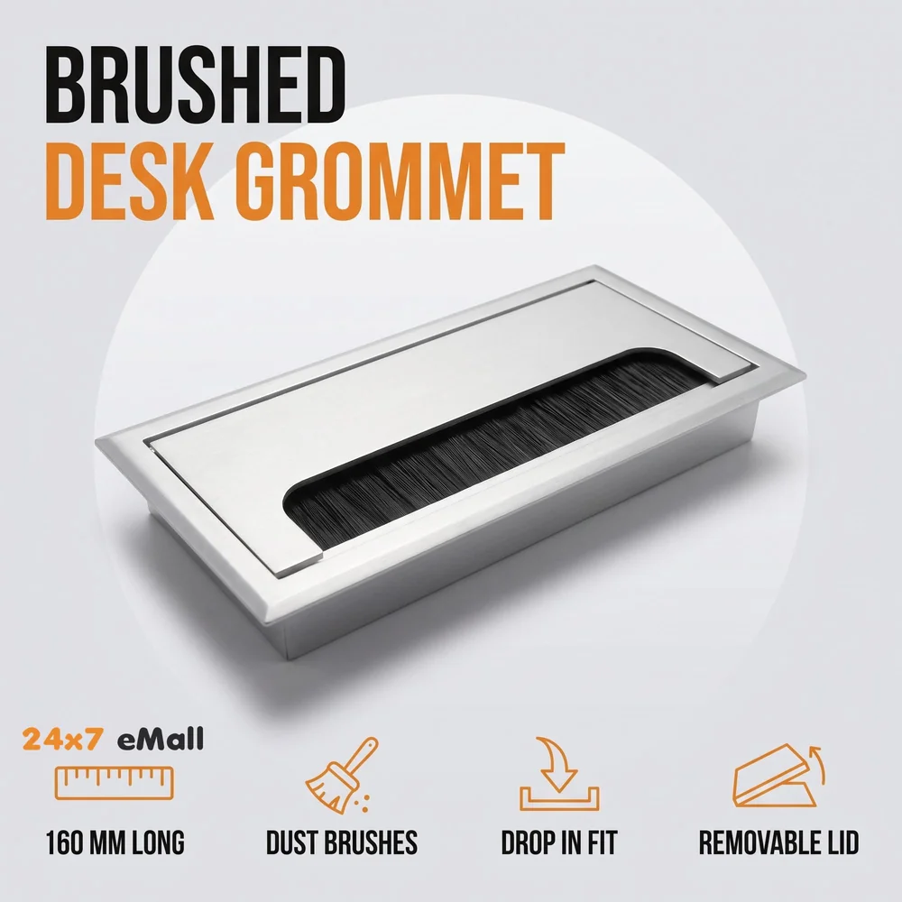 Office Desk Wire Cable Hole Cover Aluminum With Dust Proof Brushes For Computers Work Rectangular Metal Organizer Stylish Desk Accessory Wire Manager Concealed System. 160 mm x 80 mm Silver