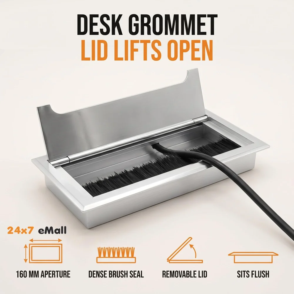 Office Desk Wire Cable Hole Cover Aluminum With Dust Proof Brushes For Computers Work Rectangular Metal Organizer Stylish Desk Accessory Wire Manager Concealed System. 160 mm x 80 mm Silver