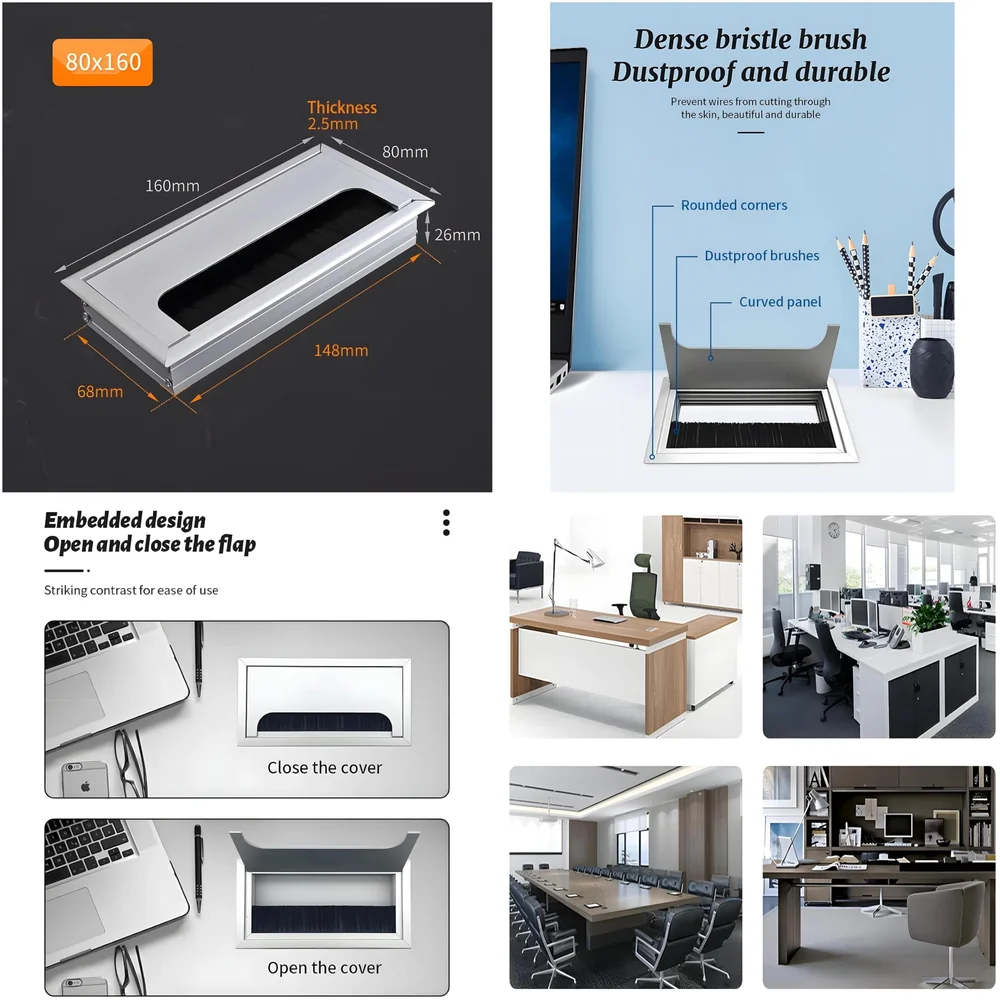 Office Desk Wire Cable Hole Cover Aluminum With Dust Proof Brushes For Computers Work Rectangular Metal Organizer Stylish Desk Accessory Wire Manager Concealed System. 160 mm x 80 mm Silver