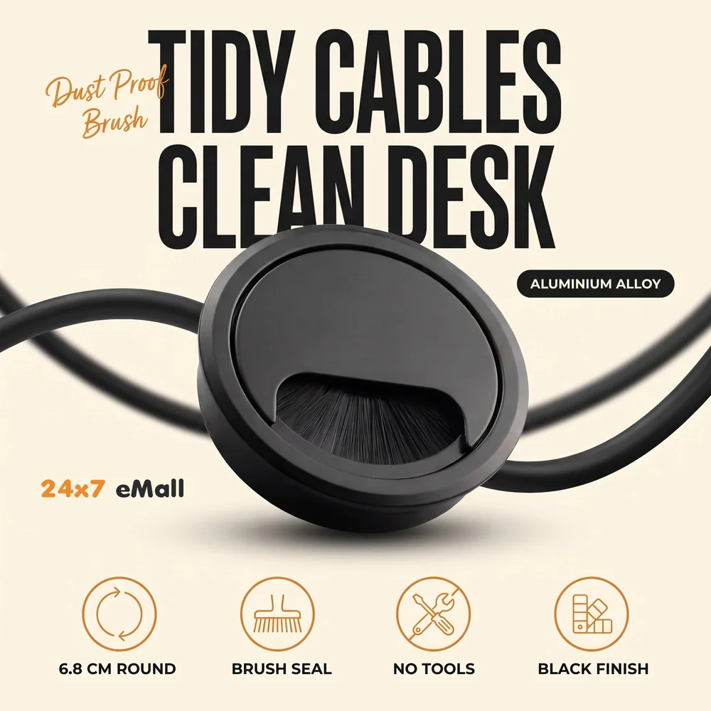 6.8 Cm Metal Round Aluminum Office Desk Wire Cable Hole Cover with Dust Proof Brushes for Computers Work Rectangular Metal Organizer Desk Accessory Wire Manager. 68 mm x 68 mm Black