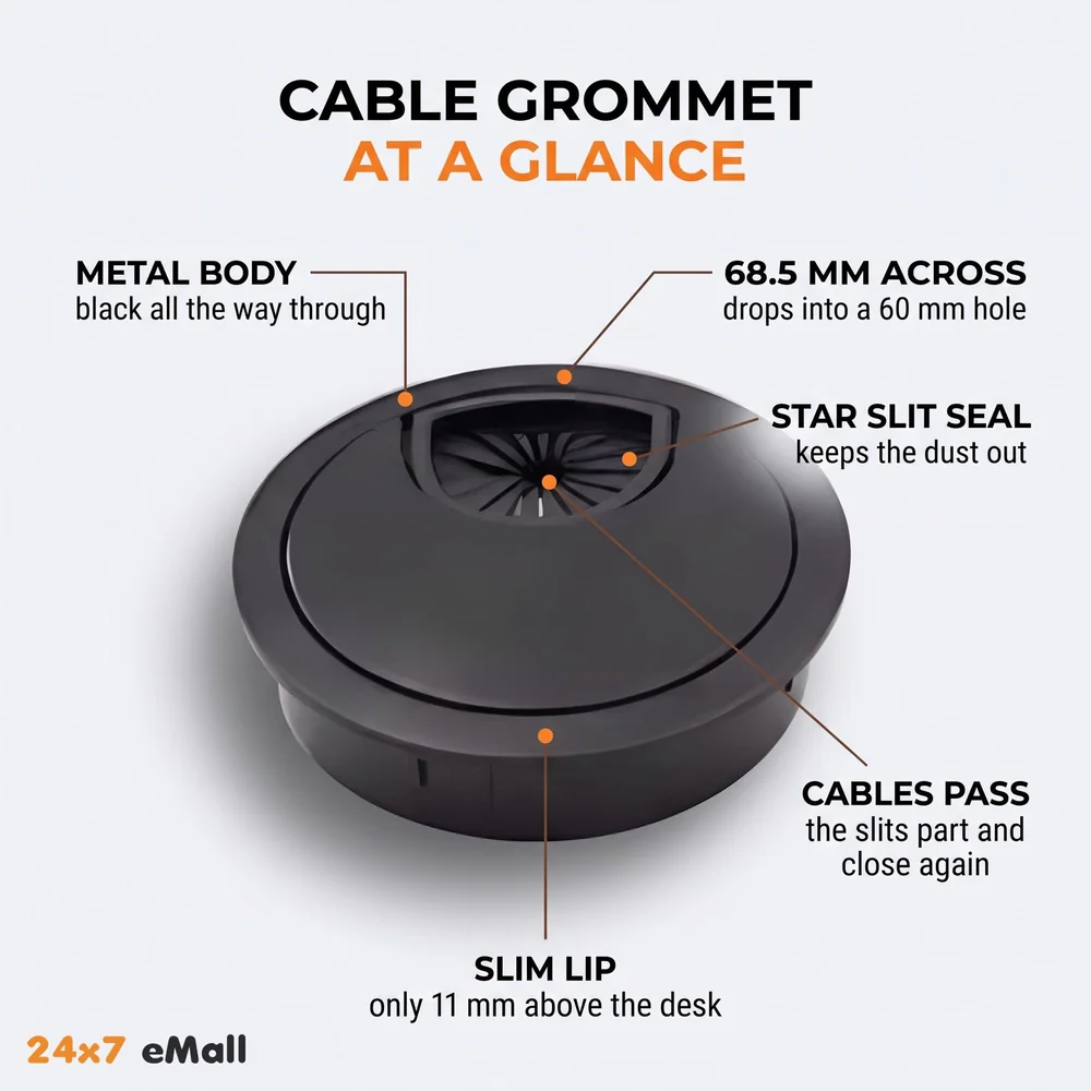 6.8 Cm Metal Round Aluminum Office Desk Wire Cable Hole Cover with Dust Proof Brushes for Computers Work Rectangular Metal Organizer Desk Accessory Wire Manager. 68 mm x 68 mm Black