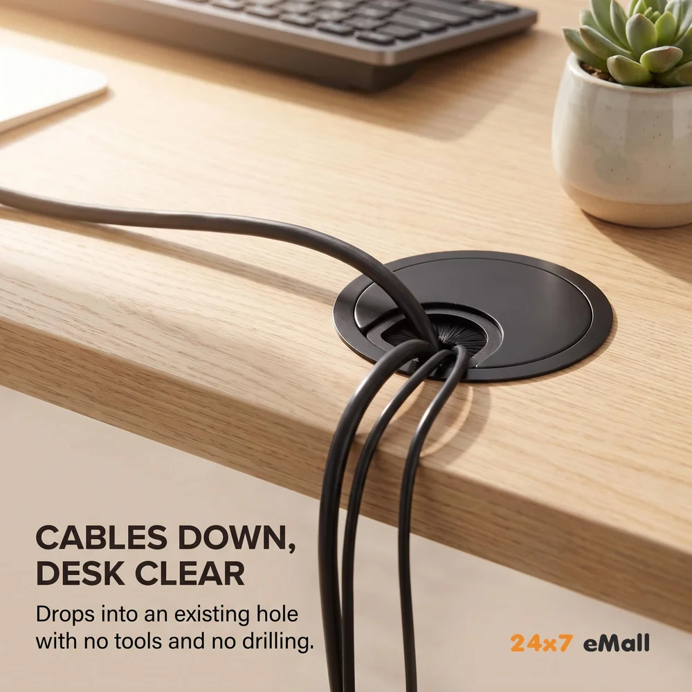 6.8 Cm Metal Round Aluminum Office Desk Wire Cable Hole Cover with Dust Proof Brushes for Computers Work Rectangular Metal Organizer Desk Accessory Wire Manager. 68 mm x 68 mm Black