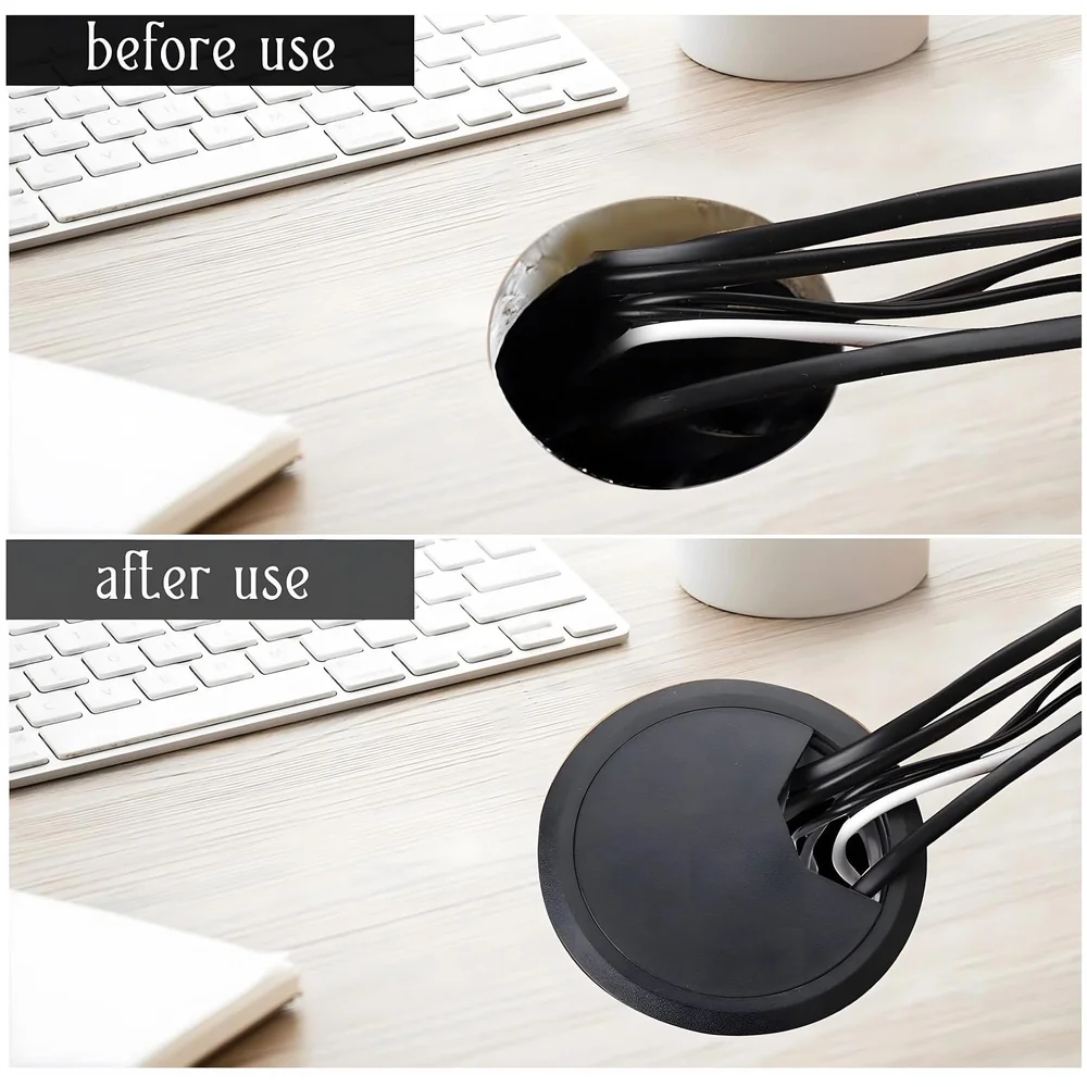 6.8 Cm Metal Round Aluminum Office Desk Wire Cable Hole Cover with Dust Proof Brushes for Computers Work Rectangular Metal Organizer Desk Accessory Wire Manager. 68 mm x 68 mm Black