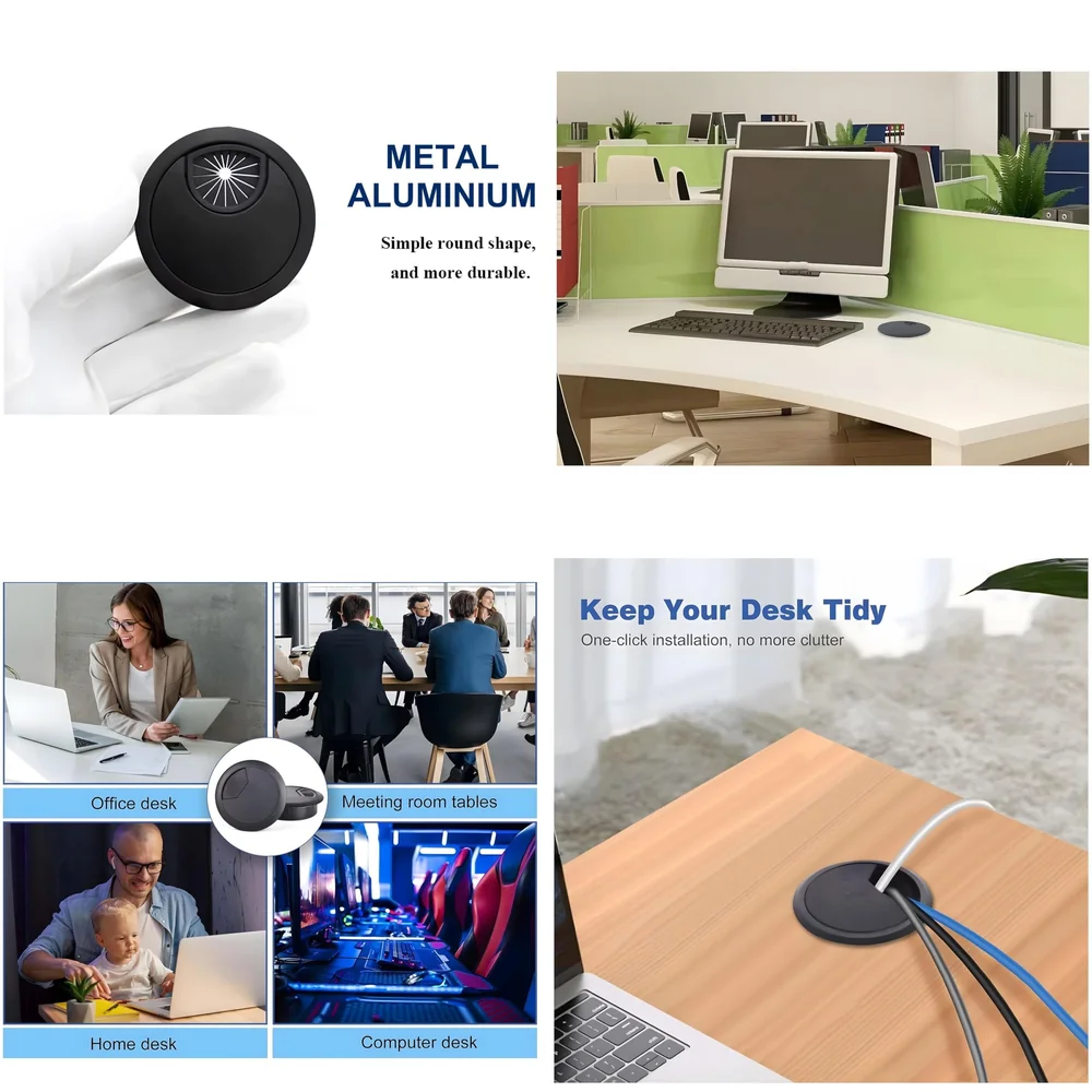 6.8 Cm Metal Round Aluminum Office Desk Wire Cable Hole Cover with Dust Proof Brushes for Computers Work Rectangular Metal Organizer Desk Accessory Wire Manager. 68 mm x 68 mm Black
