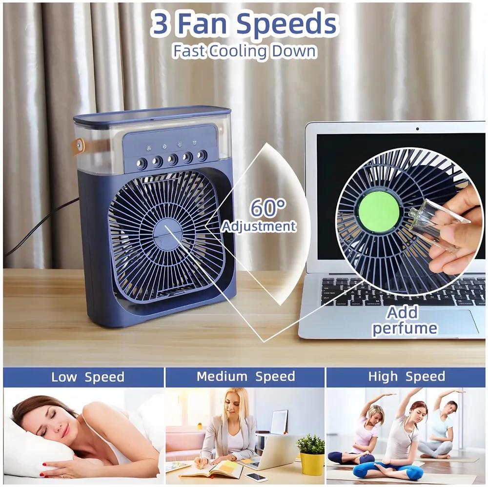 Black Big Portable Mist Fan, Cooling Fan LED Light, Air Conditioner Water Fan USB Desk with 3 Mist Spray Personal Evaporative Air Cooler Ice Fan for Bedroom, Office, Dorm Work