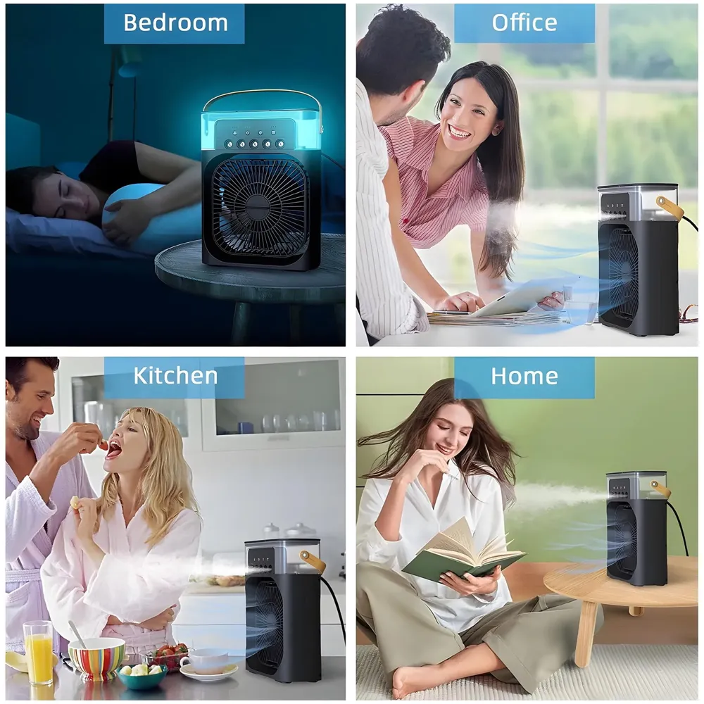 Black Big Portable Mist Fan, Cooling Fan LED Light, Air Conditioner Water Fan USB Desk with 3 Mist Spray Personal Evaporative Air Cooler Ice Fan for Bedroom, Office, Dorm Work
