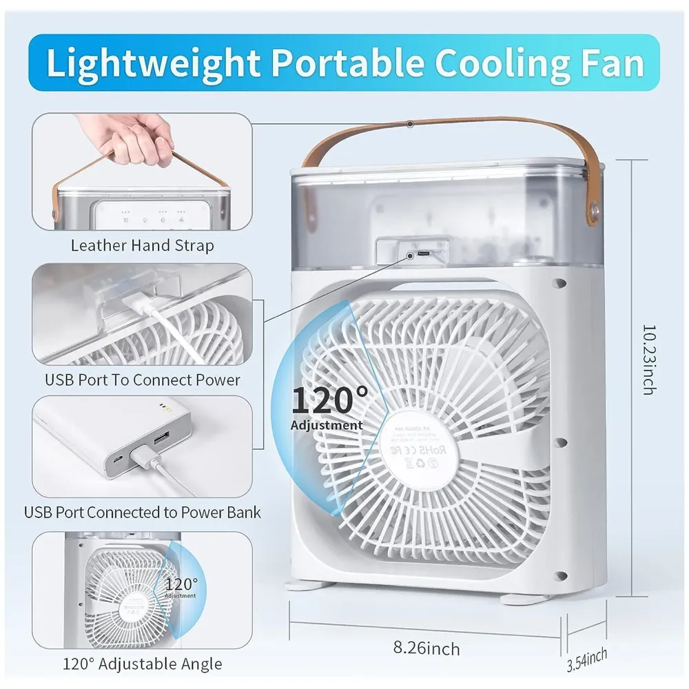 Big Portable Mist Fan, Cooling Fan LED Light, Air Conditioner Water Fan USB Desk with 3 Mist Spray Personal Evaporative Air Cooler Ice Fan for Bedroom, Office, Dorm Work